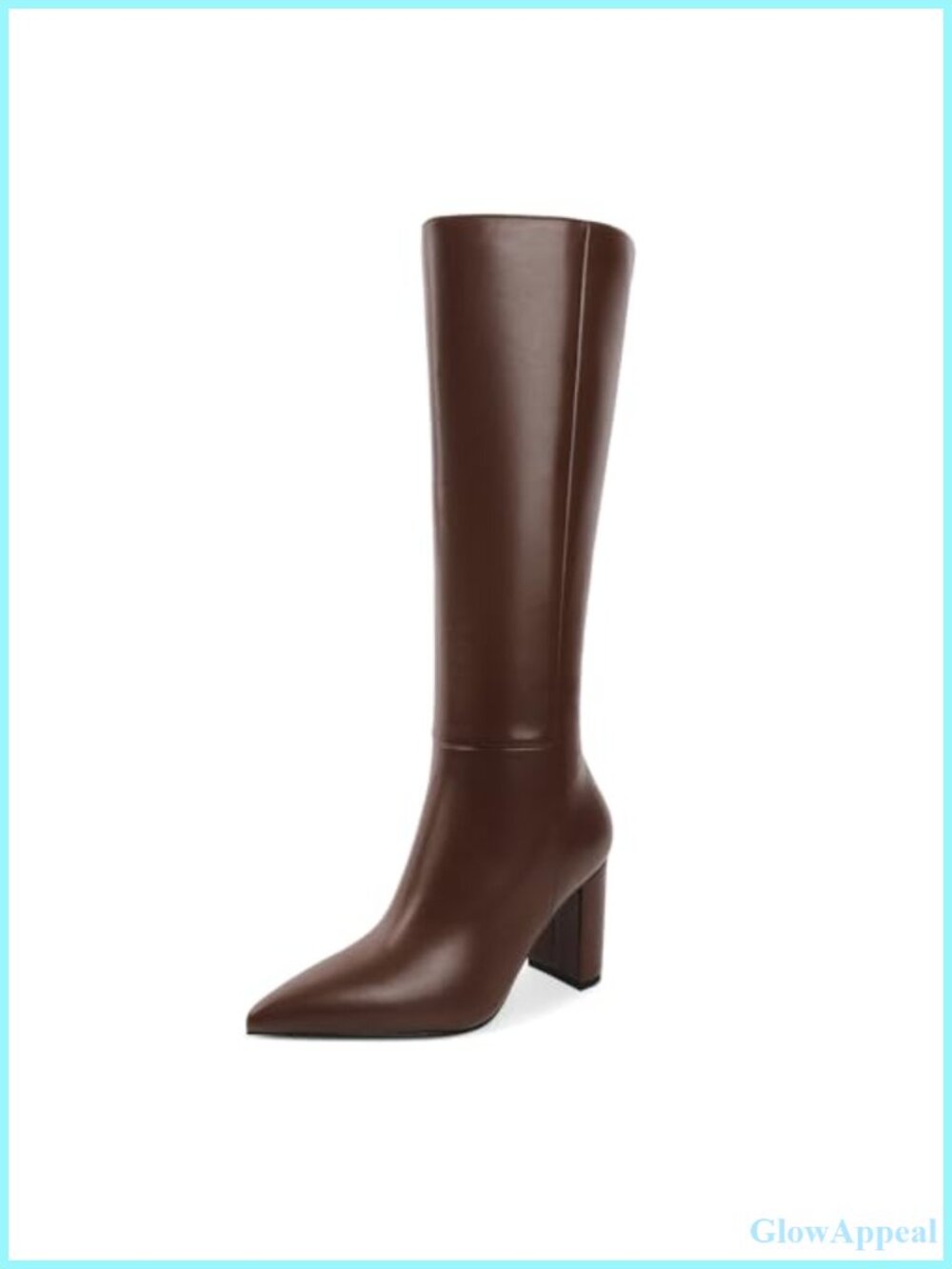Women Pointed Toe Knee High Boots Faux Leather Chunky Heel Side Zip Gogo Booties